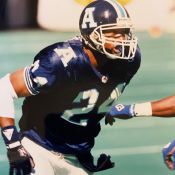 A football player in in a blue uniform runs on the field.