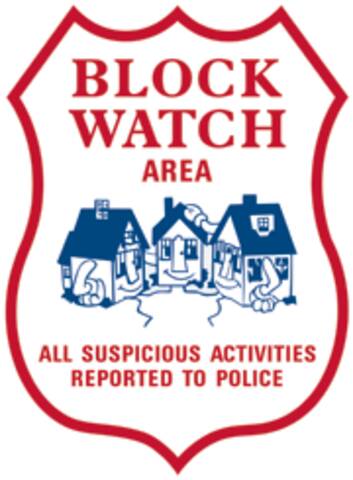 Block Watch sign: Block Watch Area.  All suspicious activites reported to police